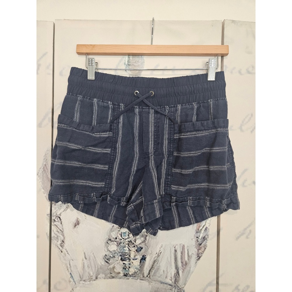 Athleta Navy Blue Striped 100% Linen Shorts Womens Size 4 Elastic Drawstring